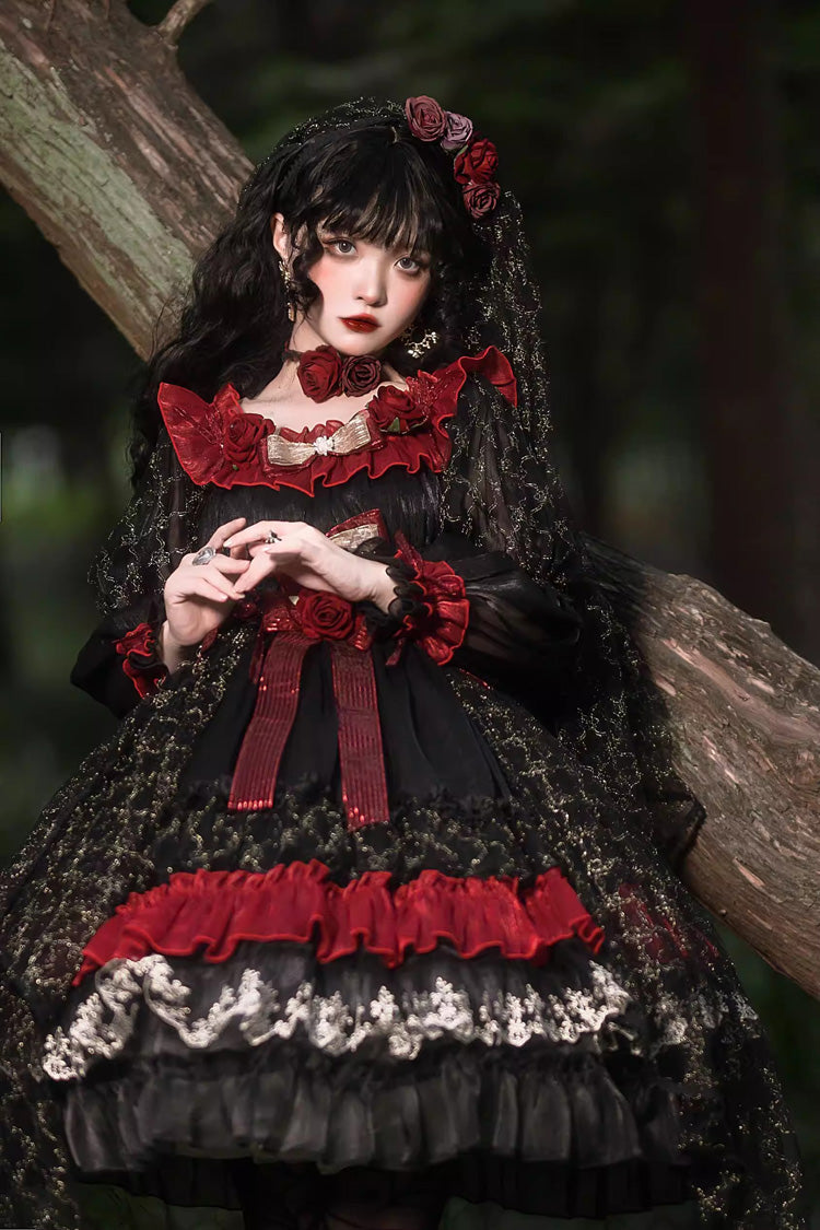 Black/Red [Perlia’s Night] Long Puff Sleeves Ruffled Open-Front Bow Lace Gothic Lolita Dress - Product - 3