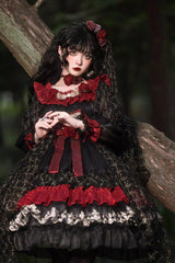 Black/Red [Perlia’s Night] Long Puff Sleeves Ruffled Open-Front Bow Lace Gothic Lolita Dress - Product - 3
