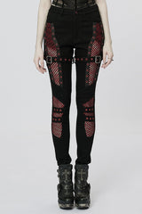 Stitching Slim Mesh Buckles Eyelets Women's Steampunk Leggings 2 Colors - Black/Red - 9