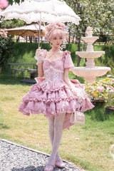 Pink Square Collar Short Sleeves Triple-Layered Ruffle Bowknot Sweet Lolita Dress - Pink - 1
