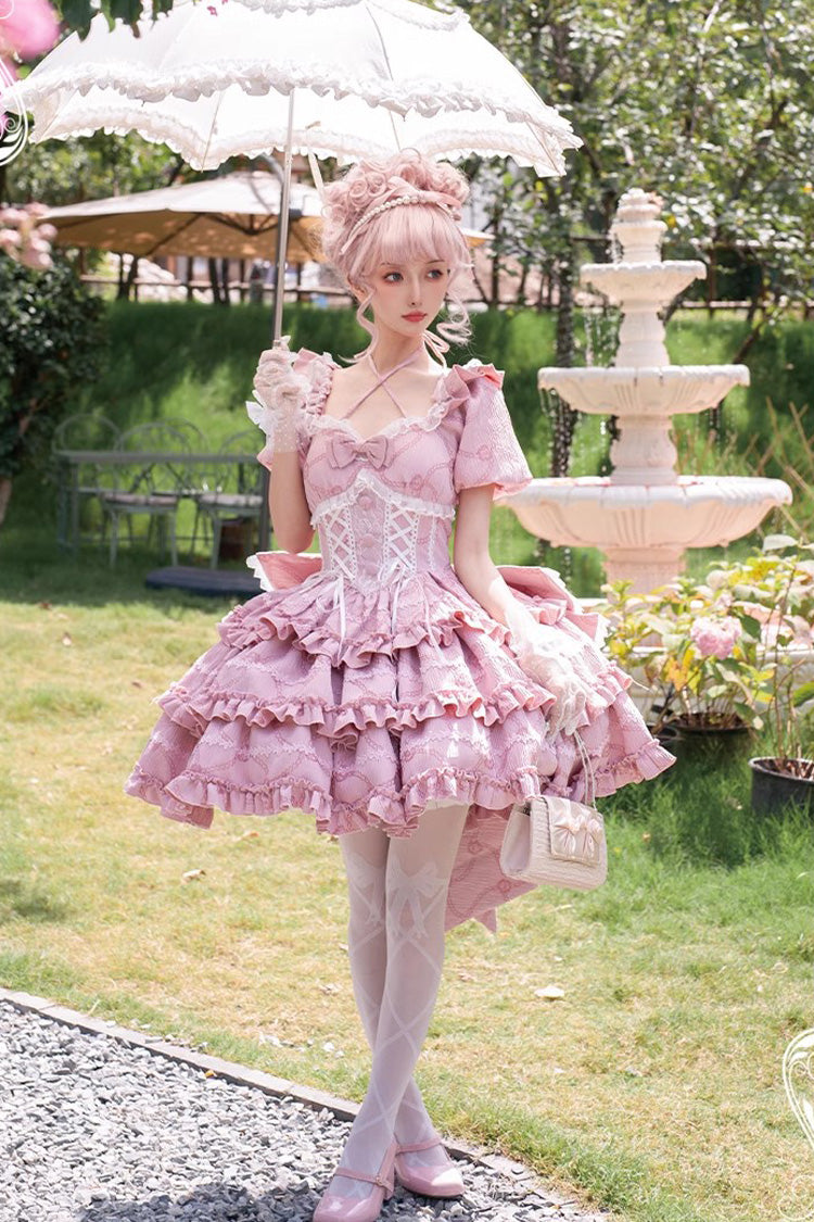 Pink Square Collar Short Sleeves Triple-Layered Ruffle Bowknot Sweet Lolita Dress - Pink - 1