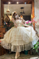 Apricot [Moonlight Sonata] Ruffle Cardigan Bowknot Lace Sweet Vintage Lolita Jsk Dress - Apricot - 1