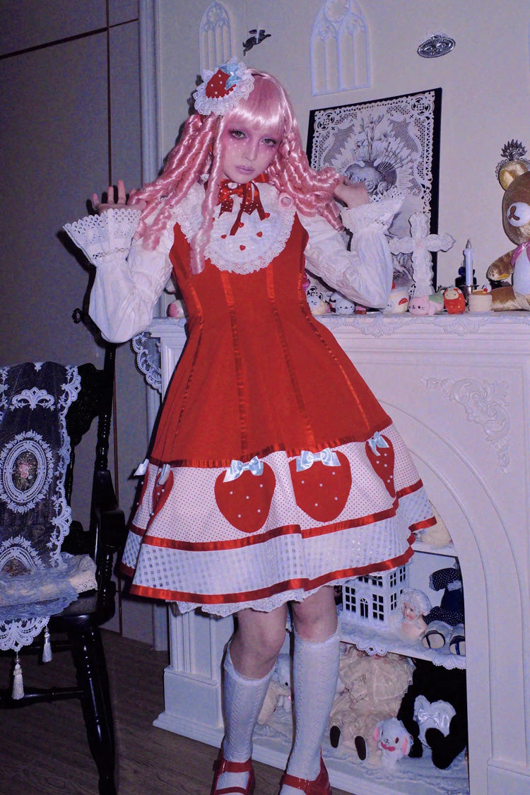 [Miss Peculiar Strawberry] Stand Collar Sleeveless Printed Bow Sweet Lolita Dress 2 Colors (Red, Blue/Black) - Product - 18