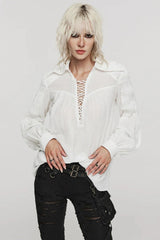 Women's Turn-down Collar Long Sleeves Lace Ruched Gothic Blouse 2 Colors - Product - 6