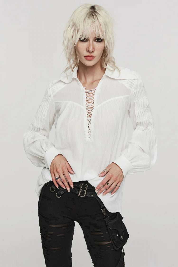 Women's Turn-down Collar Long Sleeves Lace Ruched Gothic Blouse 2 Colors - Product - 6