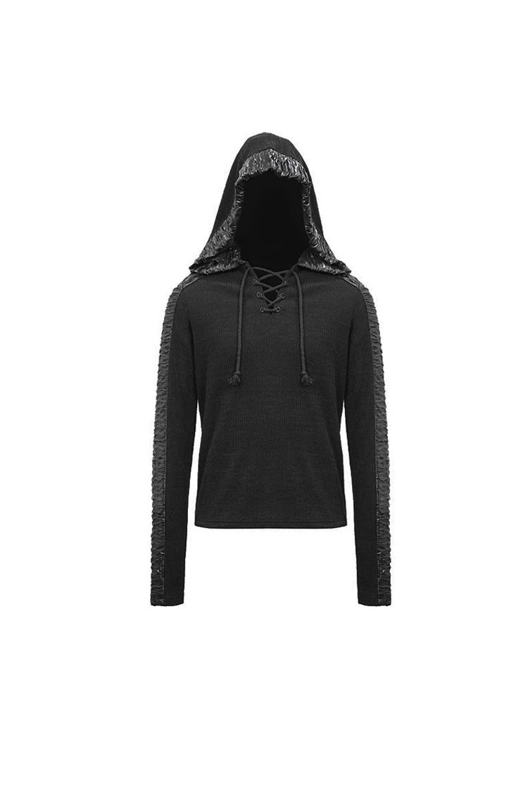 Black Chest Lace Up Vertical Stripes Woolen Splice Bright Crimped Fabric Hooded Men's Punk T-Shirt - Product - 6