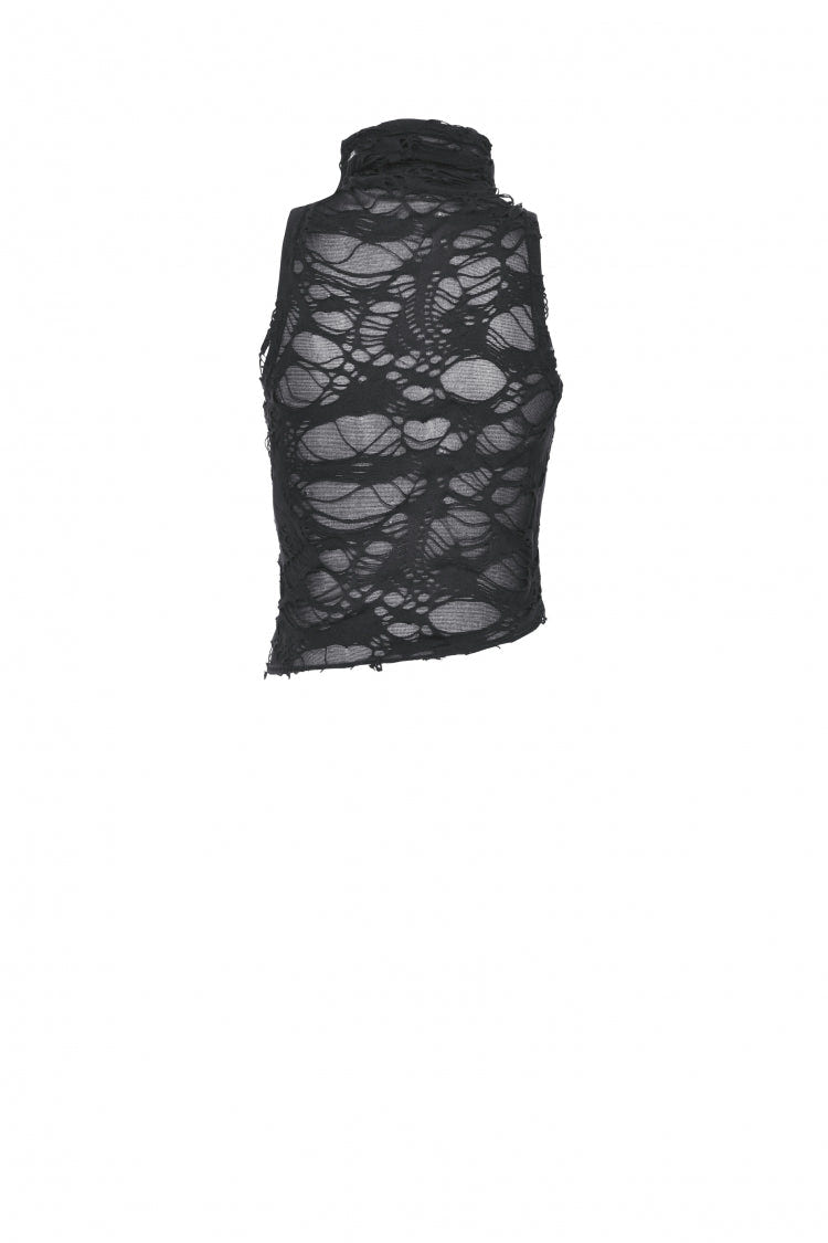 Black High Collar Sleeveless Irregular Asymmetric Lace-Up Eyelet Women's Punk Ripped Tank Top - Product - 11