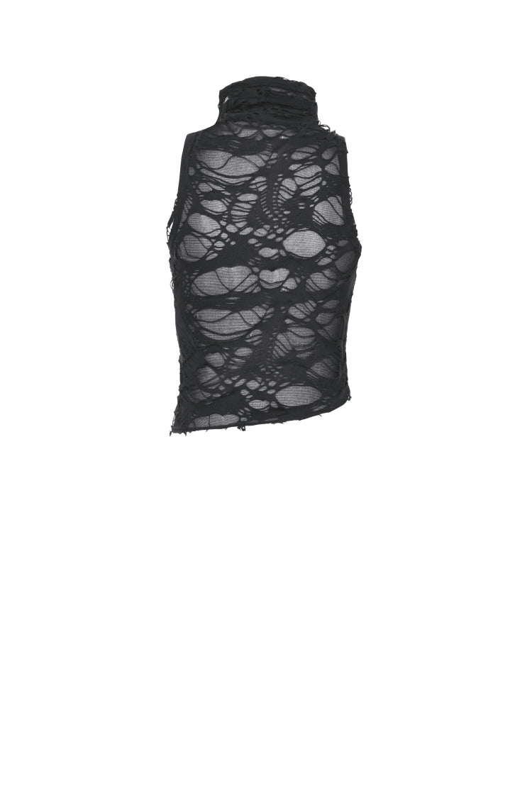 Black High Collar Sleeveless Irregular Asymmetric Lace-Up Eyelet Women's Punk Ripped Tank Top - Product - 11