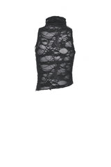 Black High Collar Sleeveless Irregular Asymmetric Lace-Up Eyelet Women's Punk Ripped Tank Top - Product - 11