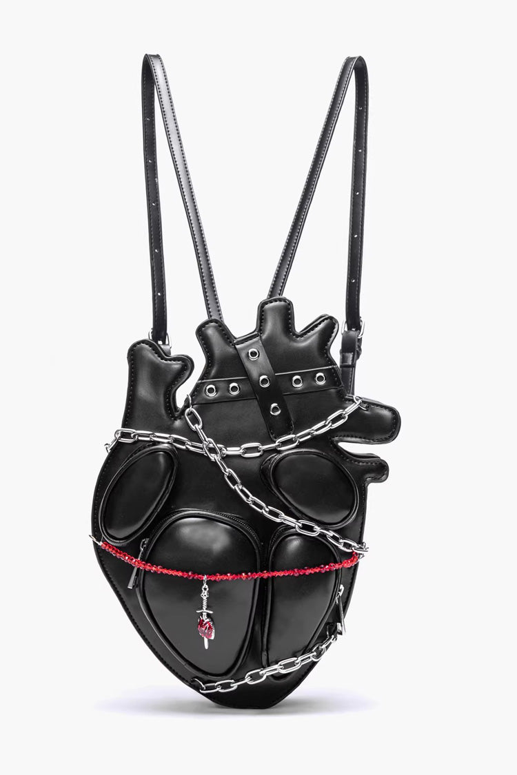 Black Creative Heart Chain-Decorated Gothic Lolita Backpack with Binding Straps and Chain - Black - 1