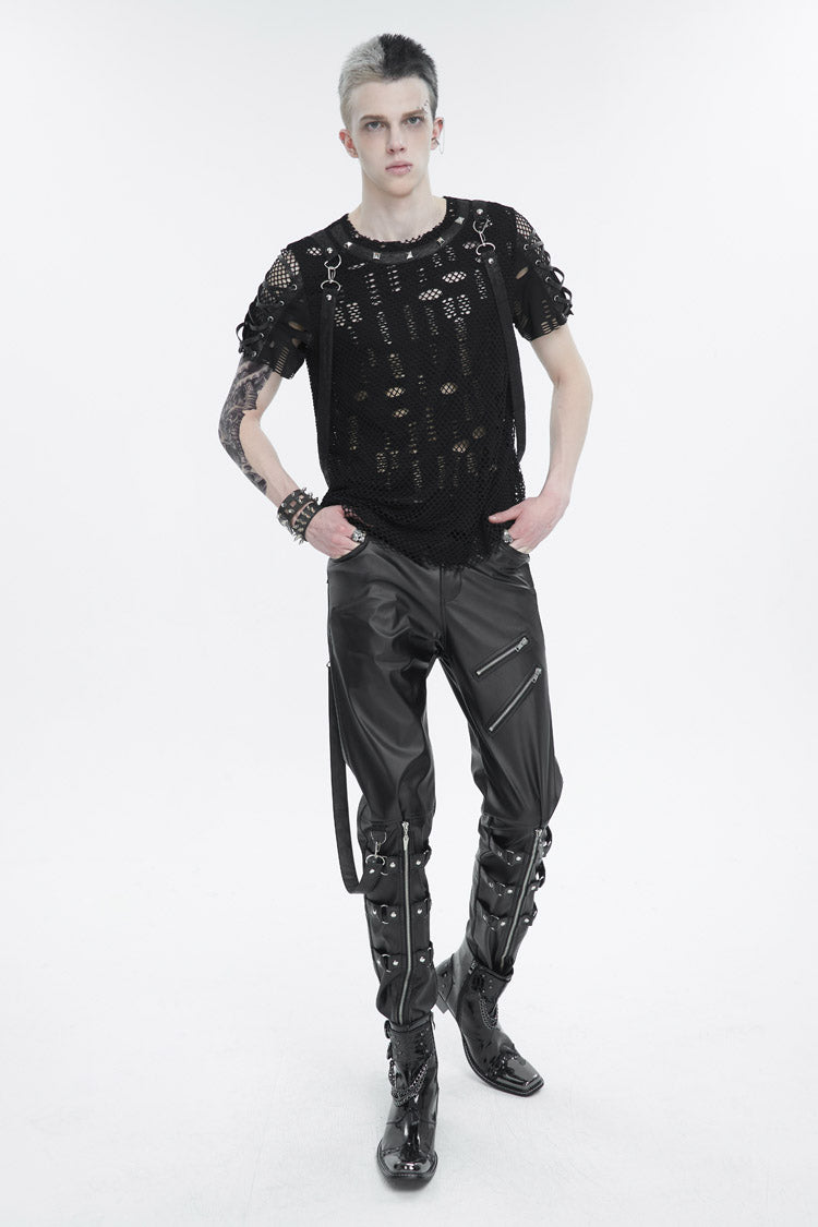 Black Removable Right Side Zipper Faux Leather Men's Punk Pants - Product - 5