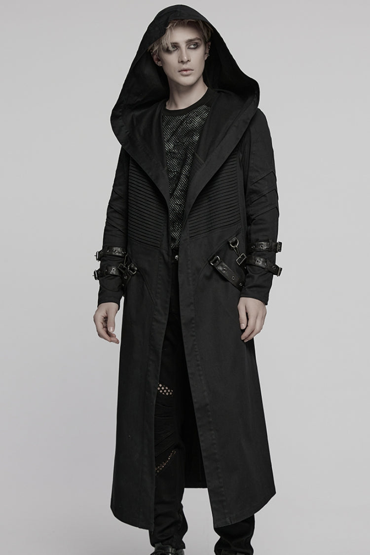 Black Lapel Collar Long Sleeves Hooded Pleated Men's Punk Coat with Buckle Strap - Product - 2