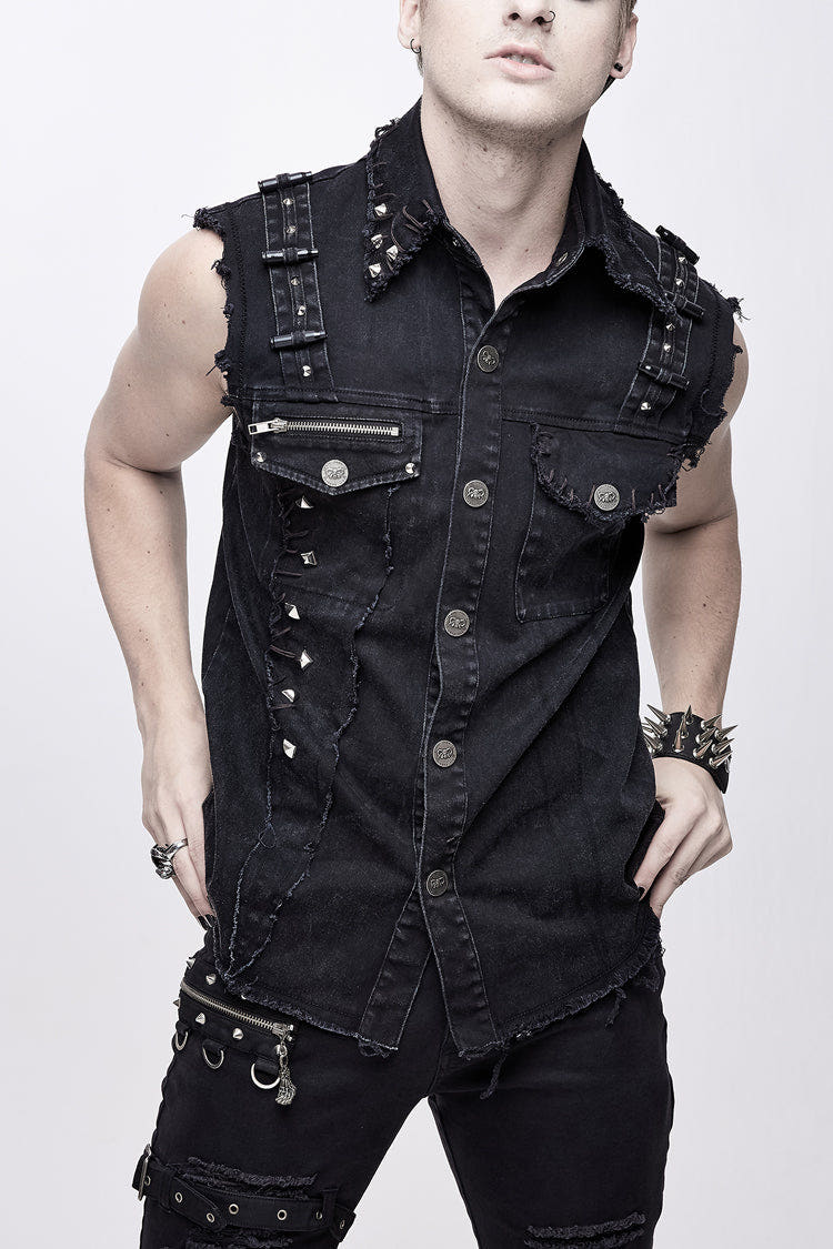 Black Faded Shoulder Bullet Clip Rivet Men's Punk Waistcoat - Black - 1