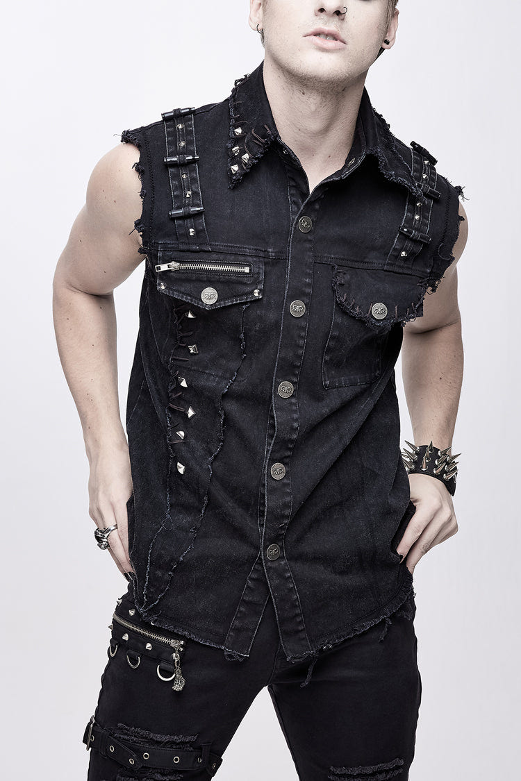 Black Faded Shoulder Bullet Clip Rivet Men's Punk Waistcoat - Black - 1