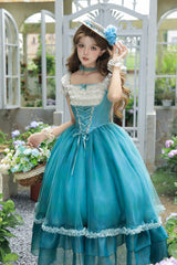 Blue/Green [Water Lily] Square Collar Ruffled Lace-Up Sweet Royal Lolita Dress 2 Versions - Product - 13