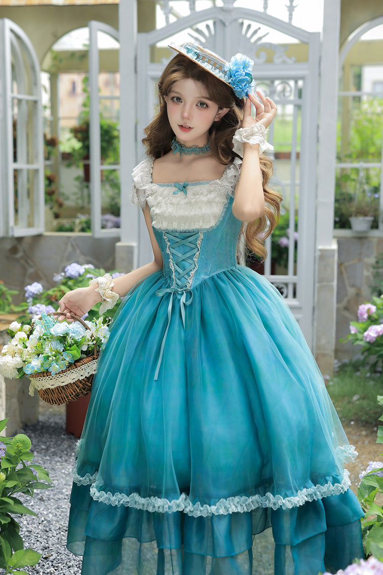 Blue/Green [Water Lily] Square Collar Ruffled Lace-Up Sweet Royal Lolita Dress 2 Versions - Product - 13