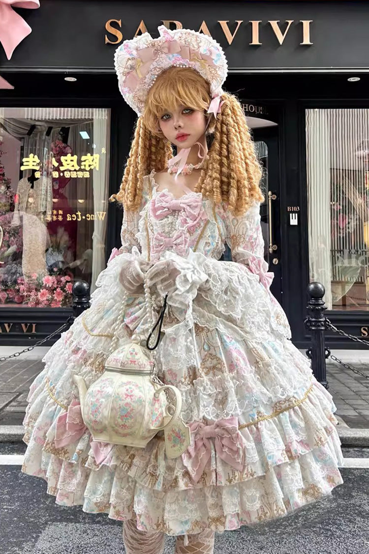 Apricot [Candlelight Elegance] Long Trumpet Sleeves Multi-Layered Ruffle Bowknot Lace Sweet Elegant Lolita Dress - Product - 4