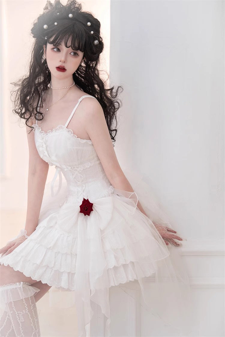 White High Waisted Multi-layer Rose Bowknot Lace-Up Gothic Lolita Jsk Dress - Product - 3