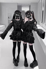 Black [Serpent Devour] Navy Collar Long Sleeves Snake Printed Ruffled Bow Studded Gothic Jirai Kei Skirt Set - Product - 7