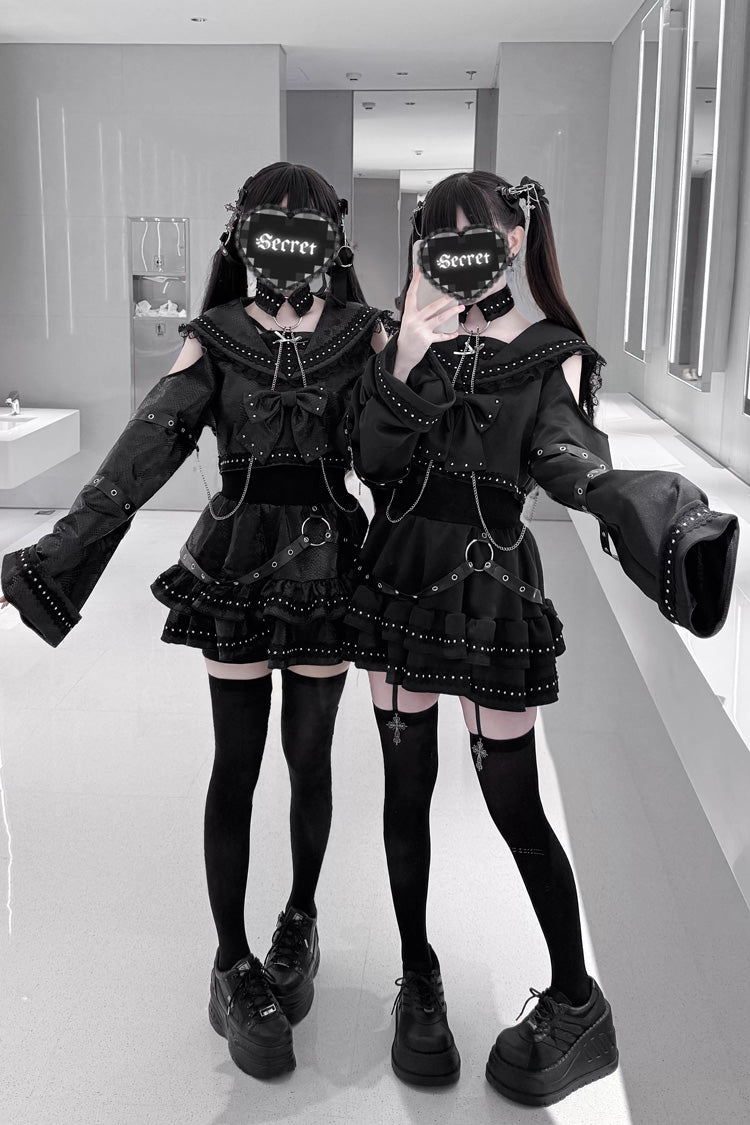 Black [Serpent Devour] Navy Collar Long Sleeves Snake Printed Ruffled Bow Studded Gothic Jirai Kei Skirt Set - Product - 7