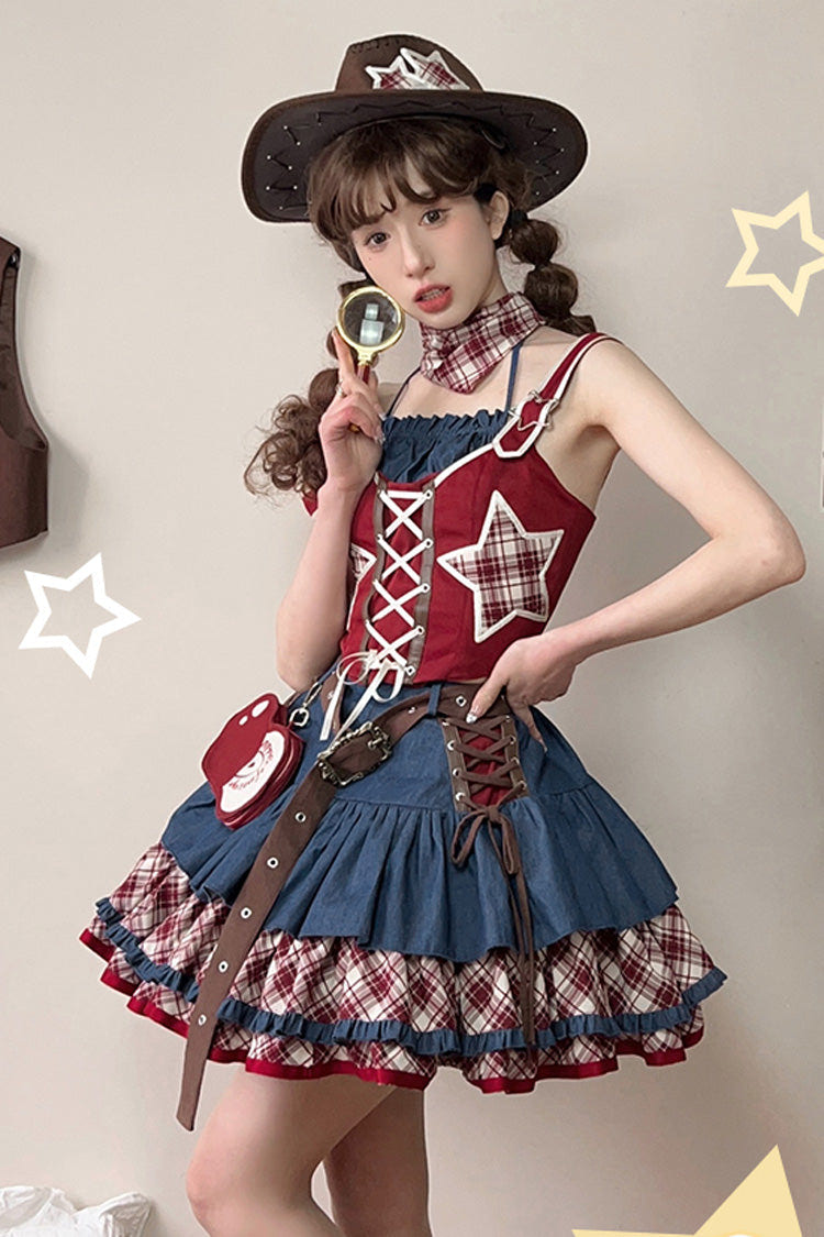 Red/Blue [Apple Trap] Triple-Layered Print Ruffle Lace-Up Sweet Lolita Jsk Dress Two-piece Set - Red/Blue - 1