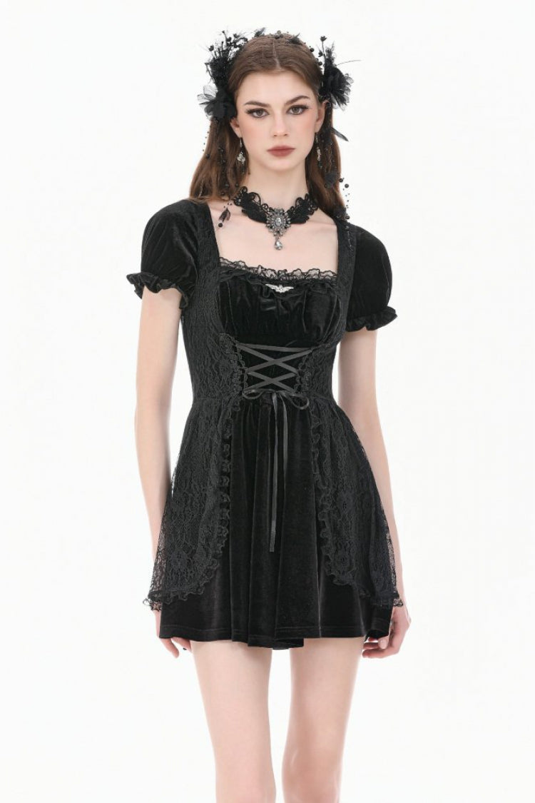 Black Square-Cut Collar Short Puff Sleeves Lace Patchwork Velvet Lace-Up Women's Gothic Vintage Dress - Black - 1