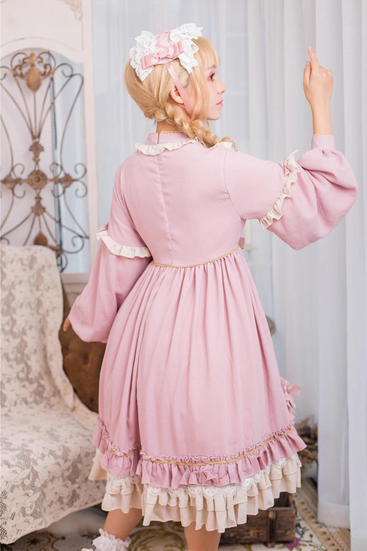 Pink Long Sleeves Ruffle Bowknot Daily Sweet Princess Lolita Dress - Product - 8