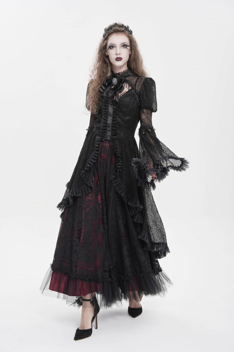 Black Stand Collar Long Trumpet Beaded Sleeves Cut-Out Bow Lace Women's Gothic Blouse - Product - 9