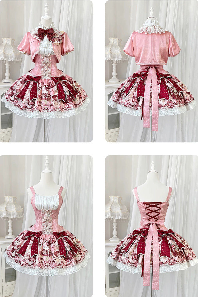 Pink/Red [Strawberry Doll Fantasy] Stand Collar Short Sleeves Jacquard Printed Bow Sweet Lolita Dress Set - Product - 4