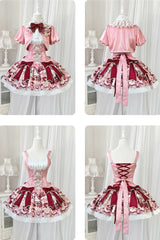 Pink/Red [Strawberry Doll Fantasy] Stand Collar Short Sleeves Jacquard Printed Bow Sweet Lolita Dress Set - Product - 4