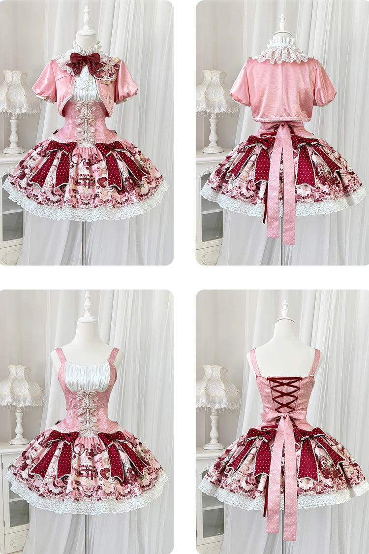 Pink/Red [Strawberry Doll Fantasy] Stand Collar Short Sleeves Jacquard Printed Bow Sweet Lolita Dress Set - Product - 4