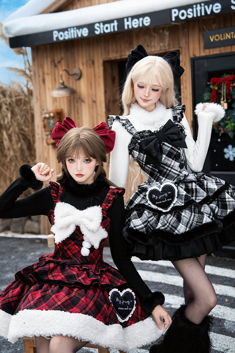 [Letters & Poems · Snowy Night Serenade] Triple-Layered Print Ruffle Bowknot Sweet Lolita Jsk Dress Set 2 Colors - Product - 5