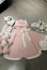 Black/Pink Bat Bowknot Cloak Wool Sweet Lolita Coat - Pink - 3