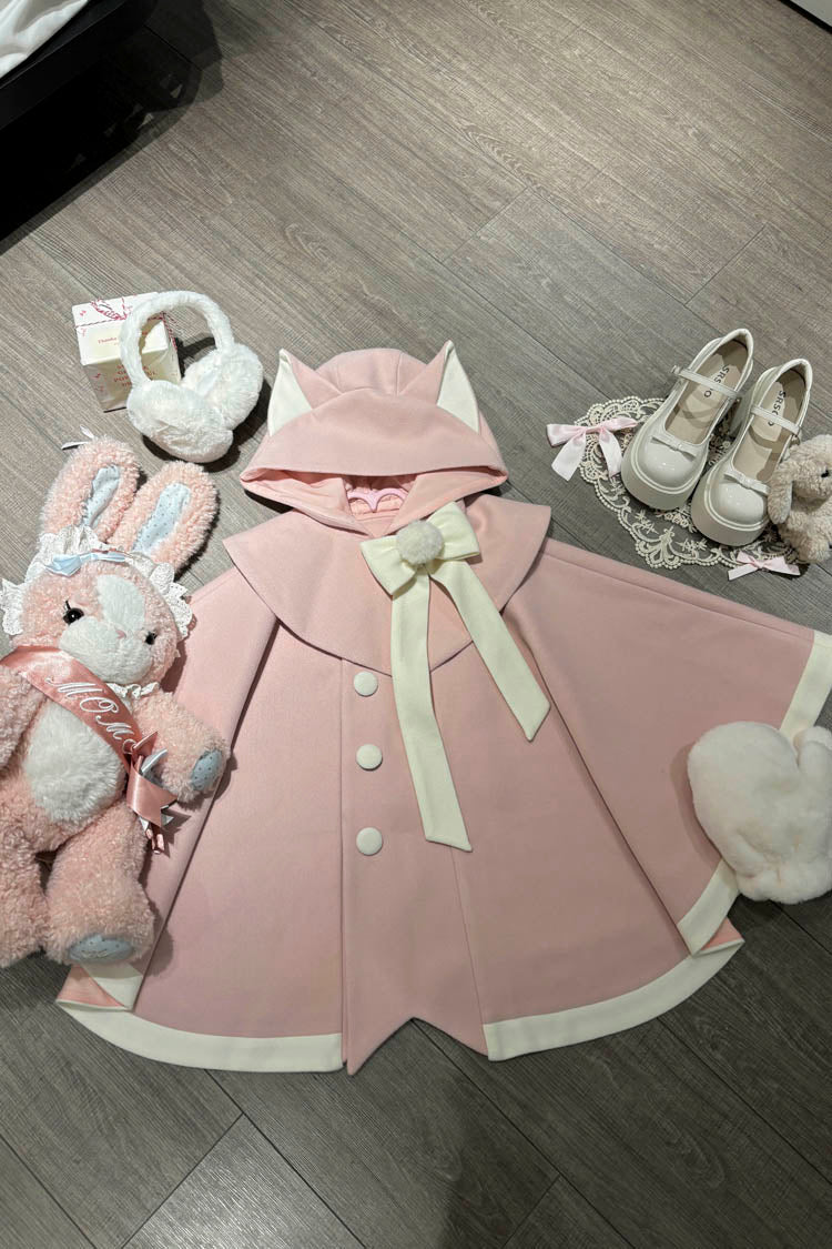 Black/Pink Bat Bowknot Cloak Wool Sweet Lolita Coat - Pink - 3