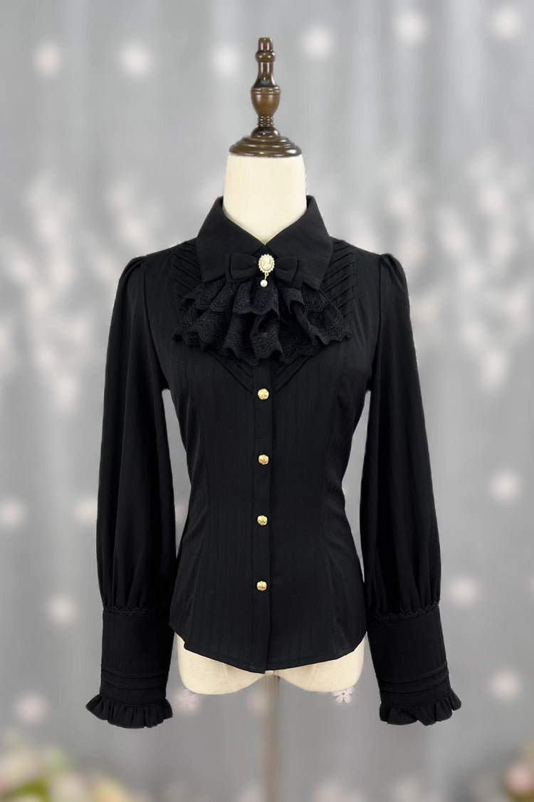 [Enchanted Dreamland] Lapel Collar Long Sleeves Ruffled Lace Slim Classic Elegant Lolita Blouse 6 Colors - Black - 5