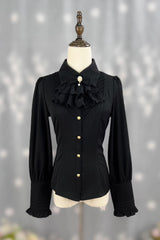 [Enchanted Dreamland] Lapel Collar Long Sleeves Ruffled Lace Slim Classic Elegant Lolita Blouse 6 Colors - Black - 5