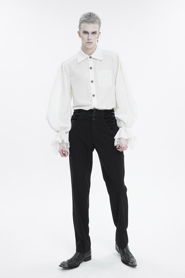 Black Lace Trim Embellished High Waisted Men's Gothic Pants - Product - 4