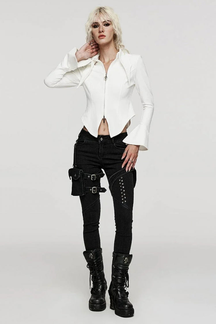 White Bat Collar Long Trumpet Sleeves Slim Womens Gothic Blouse - Product - 4