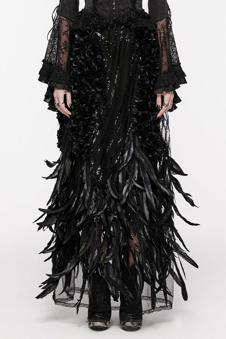 Black Women's Sequin Feather Gothic Skirt - Black - 1