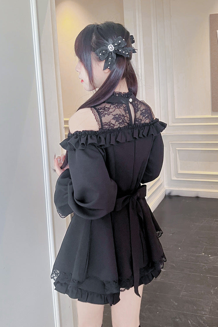 Sweet Off Shoulder Halterneck Long Sleeves Ruffle Bowknot Lace Jirai Kei Dress Shorts Set 4 Colors - Product - 13