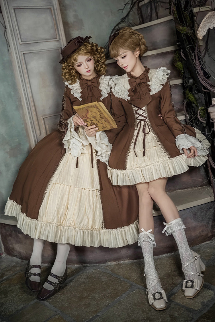 Brown/Beige [Nutcracker] Stand Collar Long Trumpet Sleeves Ruffle Cardigan Bowknot Lace-Up Sweet Lolita Dress Set 2 Versions - Product - 15
