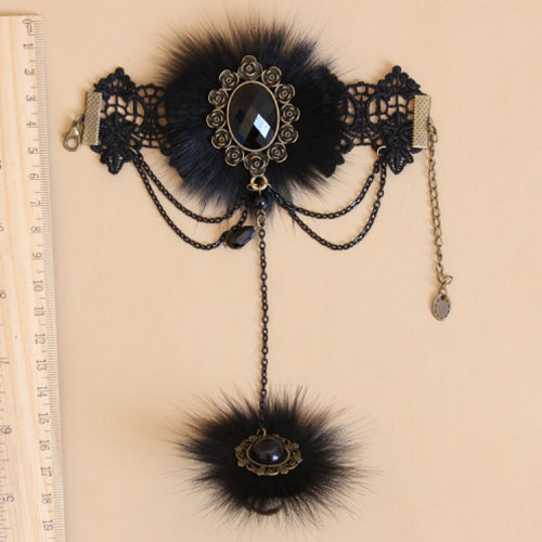 Black Retro Fashion Lace Fox Hair Female Gothic Lolita Ring Bracelet - Product - 5