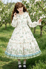 Apricot Round Collar Long Sleeves Double-Layered Floral Bird Printed Ruffled Bow Sweet Plus Size Lolita Dress - Product - 7