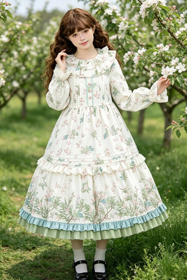 Apricot Round Collar Long Sleeves Double-Layered Floral Bird Printed Ruffled Bow Sweet Plus Size Lolita Dress - Product - 7