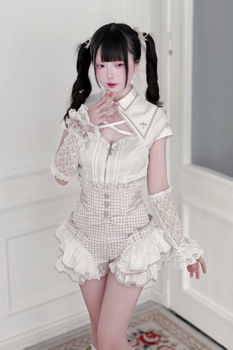 Jirai Kei Lapel Collar Short Sleeves Printed Ruffled Cut-Out Lace Sweet Japanese Knight Shorts Set 2 Colors - Pink/White(Set) - 1