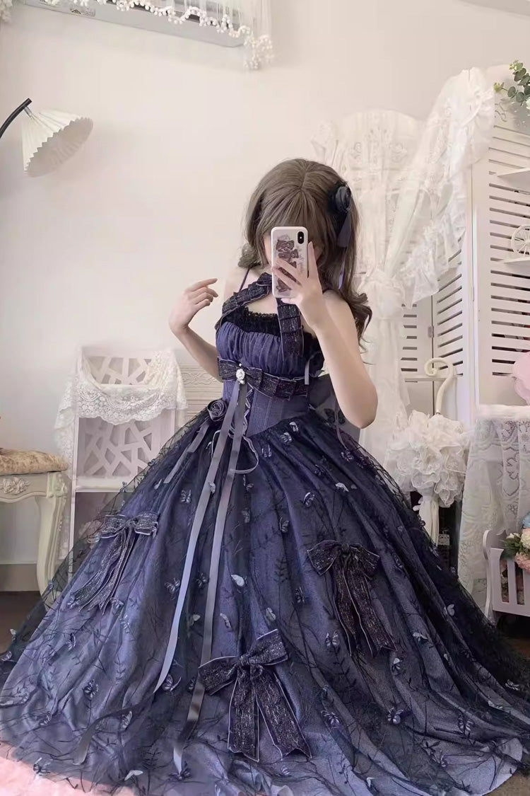 Purple [Starry Night Solo] Sleeveless Jacquard Bow Lace-Up Sweet Princess Lolita Jsk Dress - Product - 5
