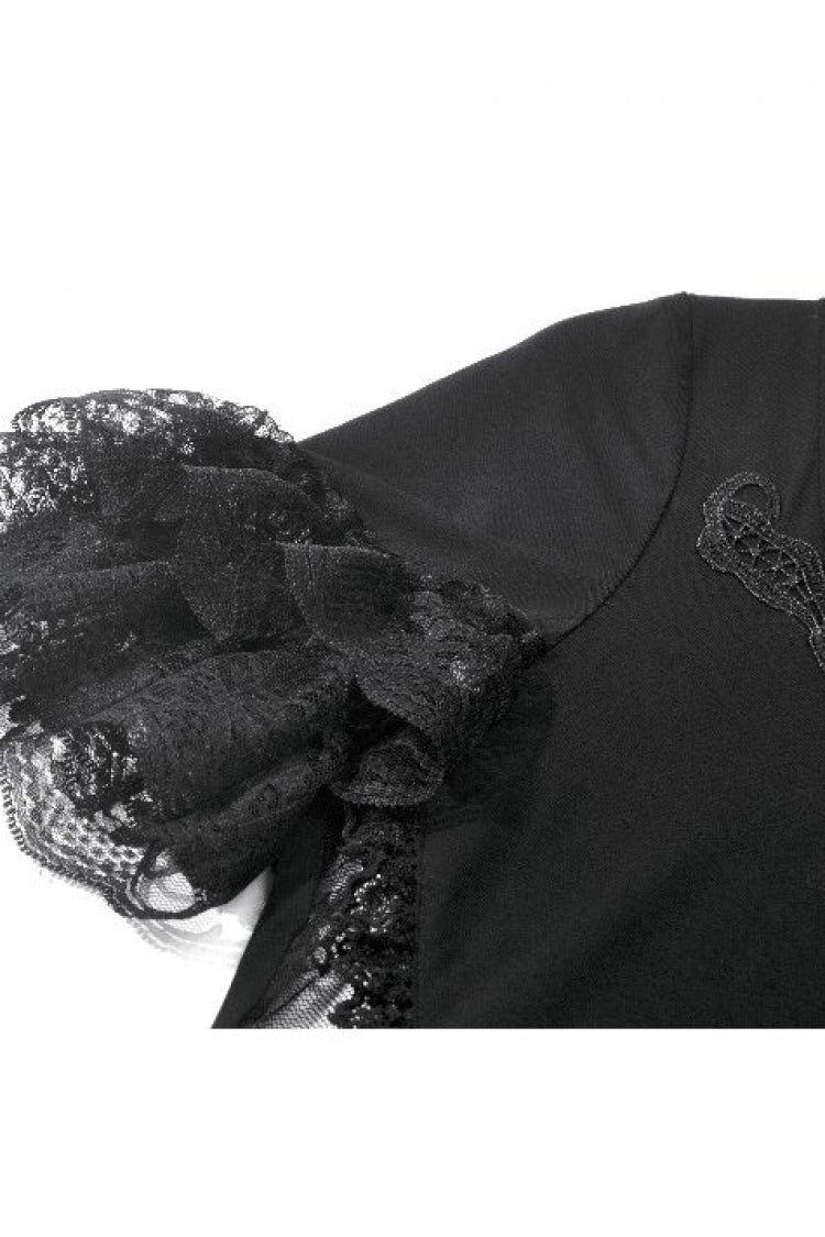 Black Women's Gothic Square Collar Double-Layered Lace Short Sleeves Embroidered Slim Fit Top - Product - 14
