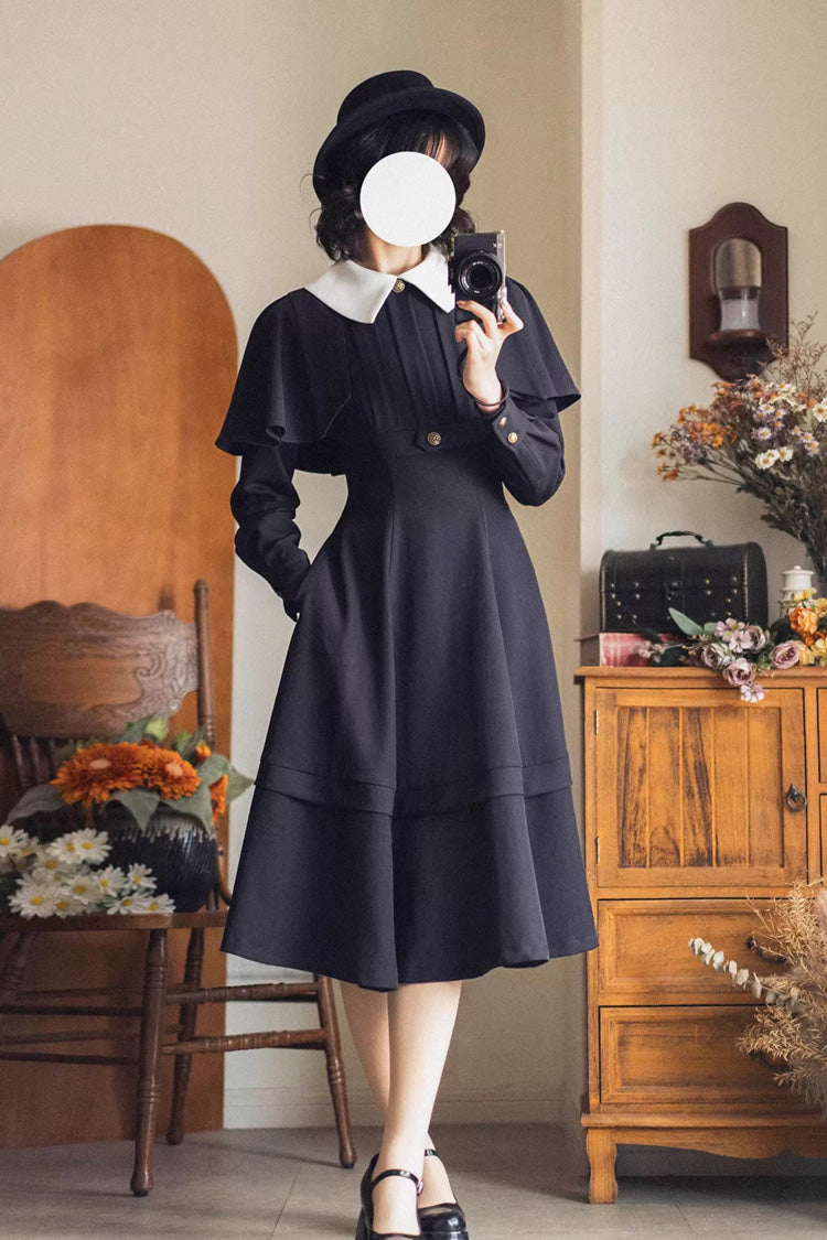 Black [Forest Antique Trunk] Lapel Collar Long Sleeves Classic Vintage Elegant Lolita Dress - Product - 3