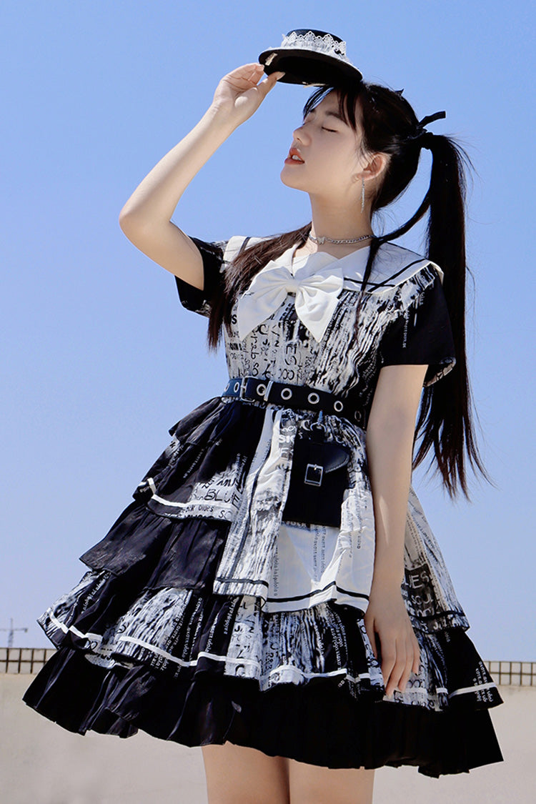 Black Short Sleeves Multi-Layered Print Ruffle Bowknot Asymmetric Punk College Style Lolita Dress - Product - 2