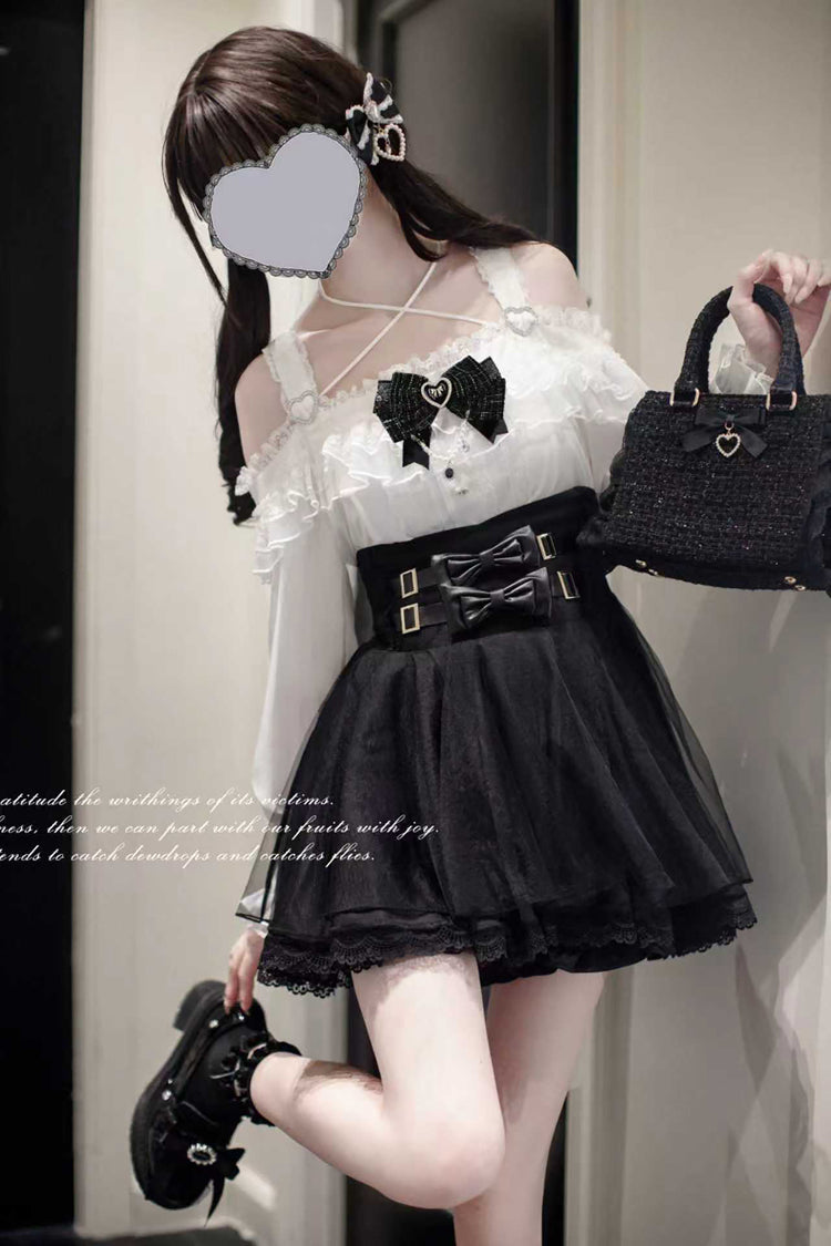 Black Solid Color Bowknot Sweet Jirai Kei Japanese Skirt - Product - 2